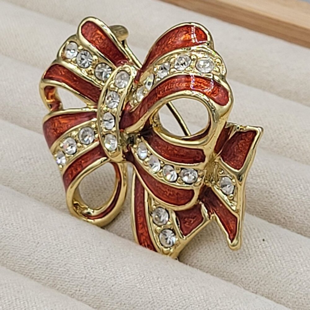 Danecraft Gold Tone Ribbon Bow Brooch Pin Red Enamel White Rhinestones Vtg